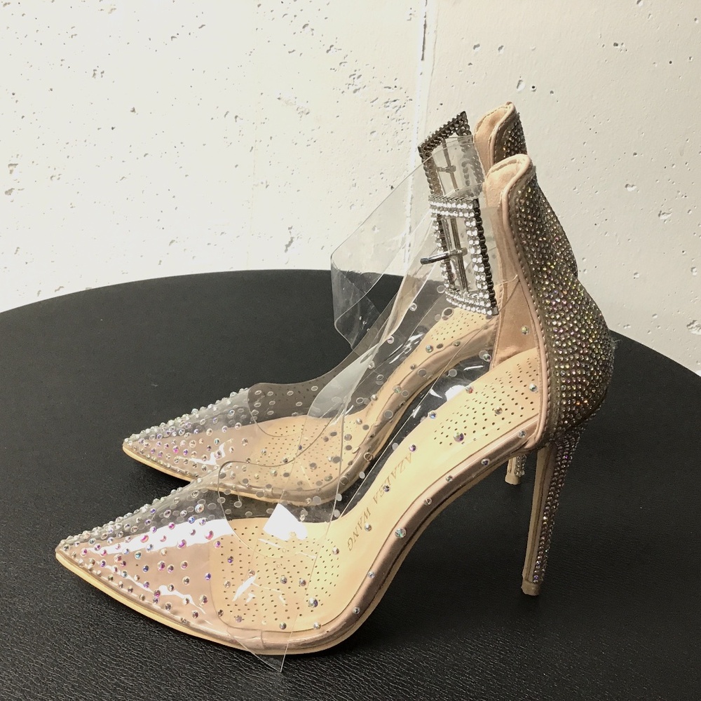 Azalea Wang Women’s High Heel Crystal/Rhinestone Studded Clear Buckle Shoes Sz8
